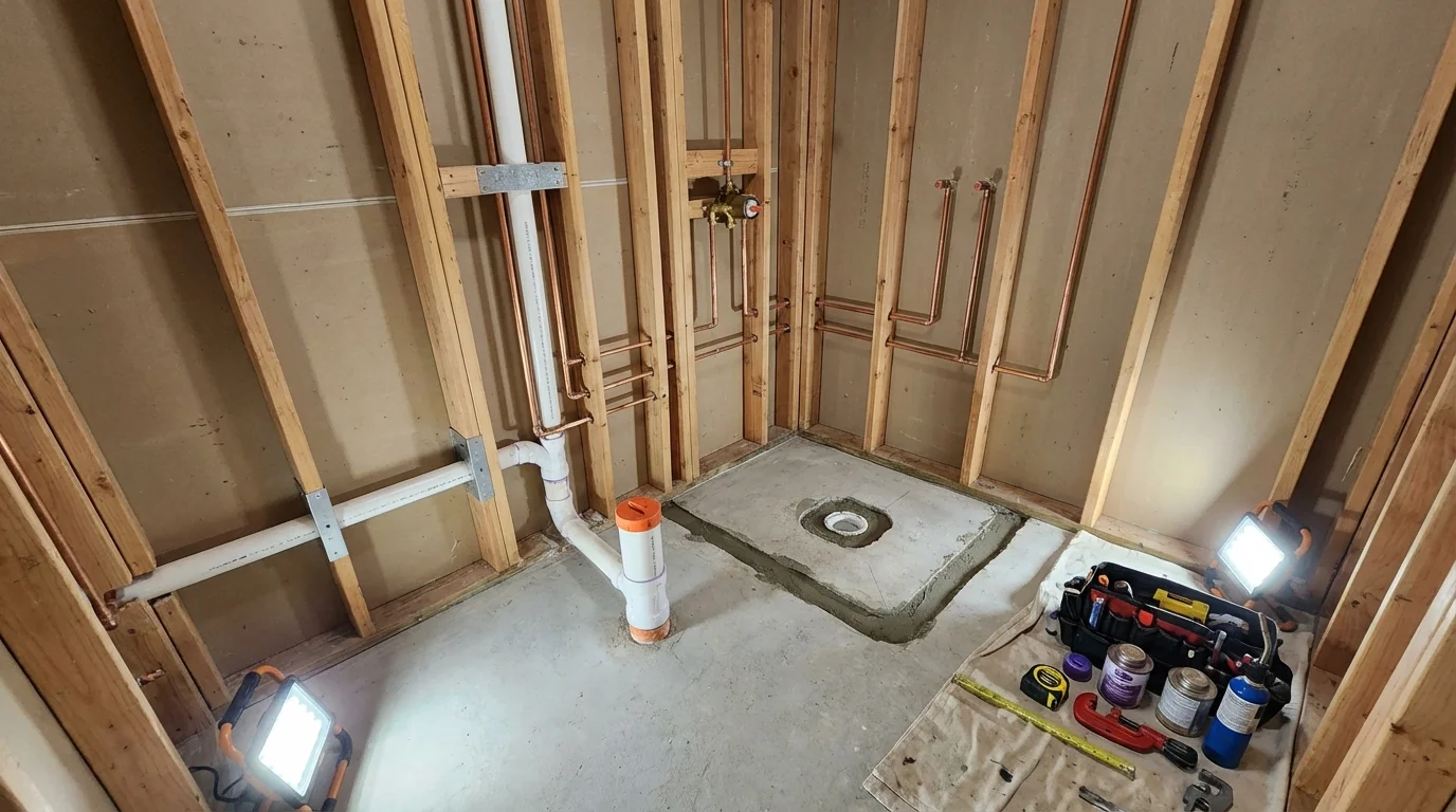 Bathroom rough-in plumbing during remodel by Johns Plumbing LLC in Westwego
