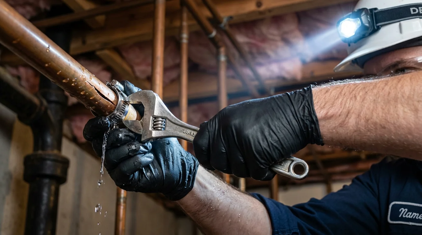 Emergency pipe clamp repair being performed by a Johns Plumbing LLC plumber in Westwego