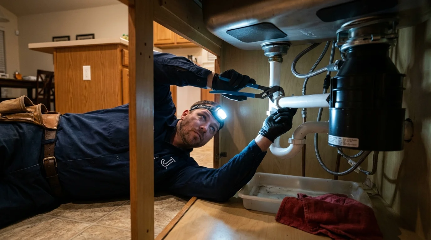 P-trap and supply line connections under a kitchen sink showing a common leak point in Westwego, LA